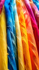 Close-up view of vibrant rainbow-colored fabric textiles arranged vertically, showcasing a spectrum of bright hues and textures.
