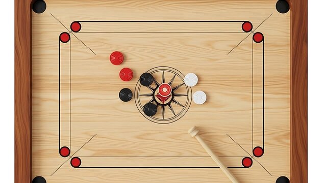 Wooden Carrom Board Game with Red Black and White Pieces and Striker in Play