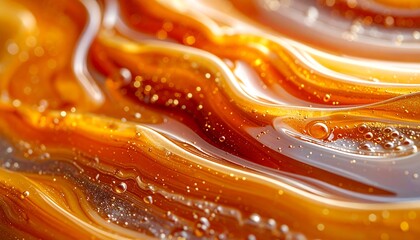 Close-up of golden-orange viscous liquid with wavy patterns and tiny bubbles.