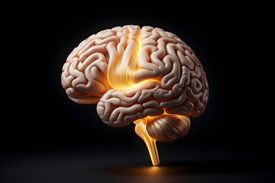 Glowing human brain anatomy model with neural activity illustration