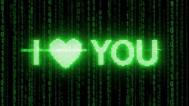 Digital display of "I love you" in green pixels, with a gradual zoom effect, showcasing a romantic message amidst a backdrop of binary code