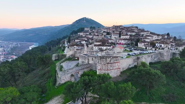 Albania Berat city and tomorrow mountain view from castle wall old Illyrian stronghold