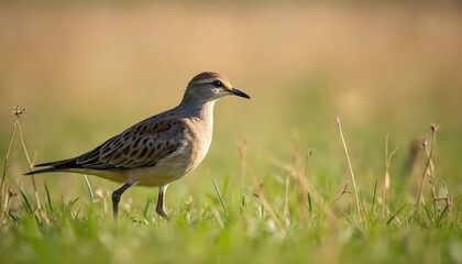 Male corn crake bird walks in green summer meadow on warm day. Small wild animal with brown plumage and yellow beak searches for food amongst grass stalks.