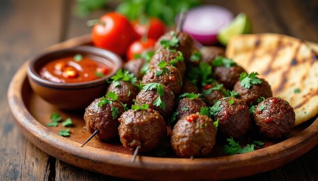 Savory lamb kofta on skewers served with spicy sauce and grilled pita bread. Fresh parsley garnishes this hearty meat dish, perfect for sharing with friends and family at any mealtime occasion.