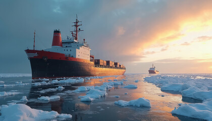 Cargo ship and icebreaker navigate frozen sea at sunrise. Ships sail through ice floes near polar region during cold winter day. Arctic transport vessel crosses icy ocean.