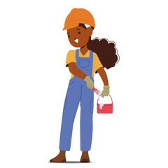 Cute girl builder cartoon character wearing hard hat and workwear painting isolated on white