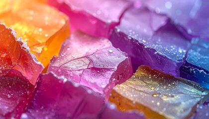Close-up macro shot of vibrant, translucent, irregularly shaped pieces resembling colorful broken glass or crystals, showcasing a spectrum of pink, purple, orange, and blue hues