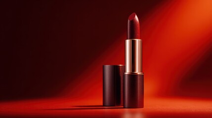 Obraz premium Red lipstick standing upright with cap off on dramatic red background