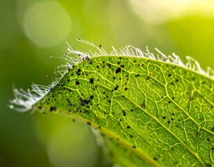 Macro shot of a green leaf showing intricate veins and small dark spots, possibly from disease or pests, with a bright, blurred background.