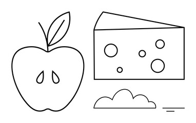 Food concept. Food with apple, cheese slice, and a small cloud in minimalist line art. Food ideas for diet, nutrition, healthy living, meal planning, and culinary design