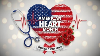 American heart health awareness month. Patriotic symbol displaying vital care, medical support, and prevention message. Stethoscope, red roses, and rhythmic pulse beat for wellness in February.