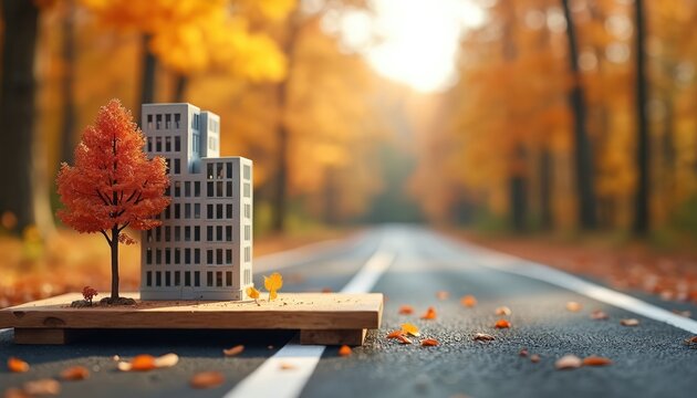 Miniature buildings sit beside a bright orange tree on a wooden platform. A road passes through an autumn forest with fallen leaves scattered on the asphalt.