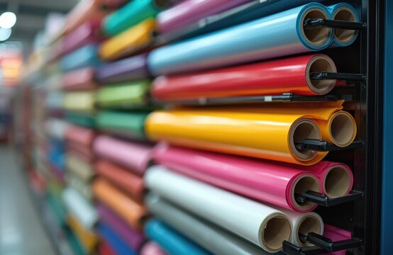 Shelving unit stacked with numerous rolls of colorful self-adhesive vinyl film. Variety of bright hues including blue, red, yellow, pink, and green, ready for signage or graphic design projects.