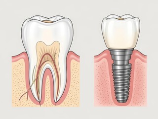 Cross section of a tooth and implant showing gum and bone structure