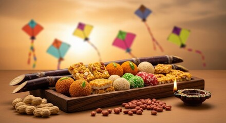 Traditional Indian harvest treats with sugarcane, fresh peanuts, a glowing oil lamp. Vibrant kites soar in the warm golden sky, marking this auspicious winter festival.