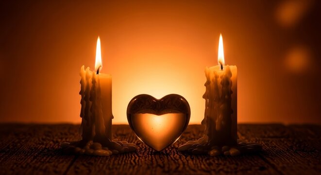 Close-up of a love symbol, a heart, placed between flickering candles in a dark setting. - Powered by Adobe