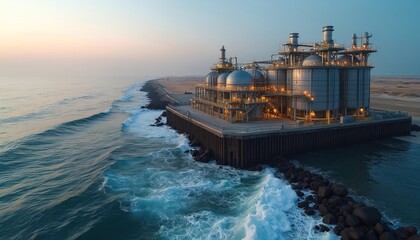 Plakat Modern desalination plant on coastal shoreline. Industrial facility uses sea water for fresh supply. Engineering infrastructure operates at ocean edge, processing water.