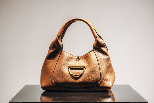 Nice, France - November 14, 2025: Close up of Gucci leather handbag with large horsebit detail displayed in boutique window
