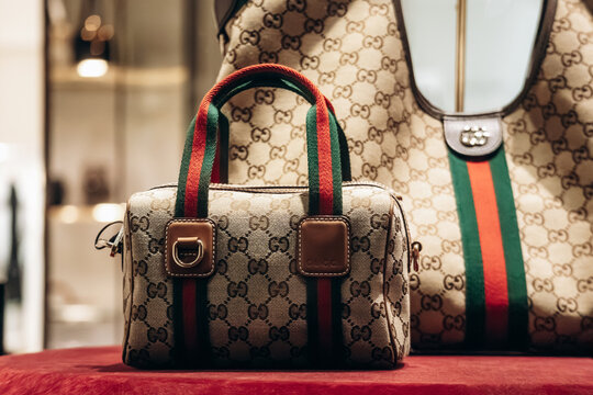 Nice, France - November 14, 2025: Gucci handbags displayed in a boutique window in Nice, France