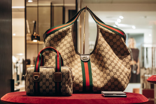 Nice, France - November 14, 2025: Gucci handbags displayed in a boutique window in Nice, France