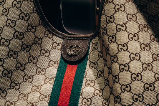 Nice, France - November 14, 2025: Gucci handbags displayed in a boutique window in Nice, France