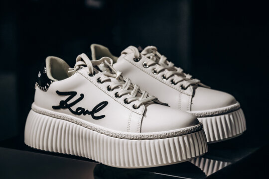 Nice, France - November 14, 2025: Close-up of Karl Lagerfeld platform sneakers displayed in a boutique window in Nice