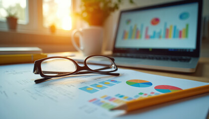 Glasses rest on paper charts with colorful graphs and pie diagrams. Laptop screen displays financial data with bars. Pencil lies on desk next to coffee mug in sunlit office.