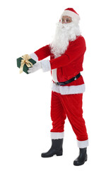 Santa Claus with Christmas gift on white background