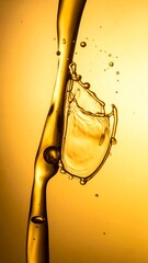 Golden liquid pouring and splashing, creating a dynamic abstract shape against a warm yellow background.