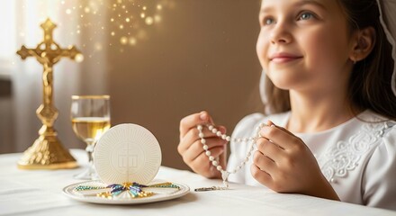 Innocent young girl observing her cherished First Communion, hands gently holding a pearl rosary, serene contemplation during this sacred religious sacrament.