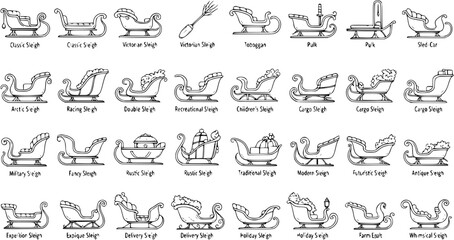 Obraz premium Black and White Line Art Illustration of Various Sleighs and Sleds for Winter and Christmas Themes