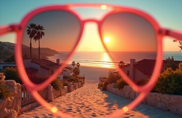 Pathway to sandy beach viewed through pink sunglasses at sunset. Ocean waves roll onto shore near houses and palm trees. Coastal landscape glows warm.