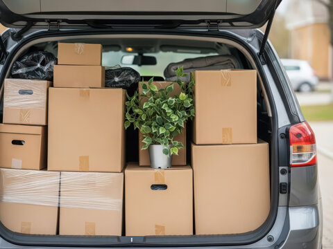 Car trunk filled with moving boxes and plant