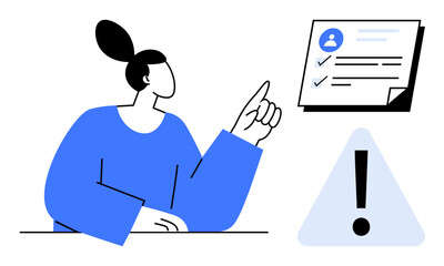 Woman pointing at a checklist with profiles and checkmarks, alongside an alert icon. Ideal for task management, personal productivity, organization, warning notices, accountability, process review