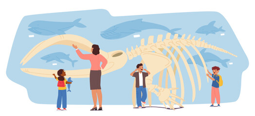 Teacher guiding school children at paleontological museum with prehistoric dinosaurs exhibit