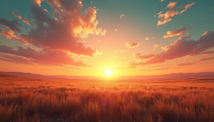 Fototapeta premium Golden sun sets over vast grassy plain, casting warm hues across sky, land. Clouds drift lazily, creating serene evening atmosphere. Open landscape allows for ample text placement, ideal for various