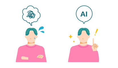 若い男性が悩んだり人工知能で解決する表情イラスト。フラットデザイン。