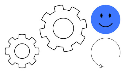 Workflow concept. A blue happy face and interconnected gears efficiency, collaboration, and productivity. Workflow highlights process optimization and consistent results. Suitable for teamwork