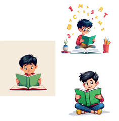 Vsai little boy reading book learning letters and education