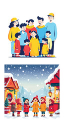Vsai happy family and kids caroling in winter village