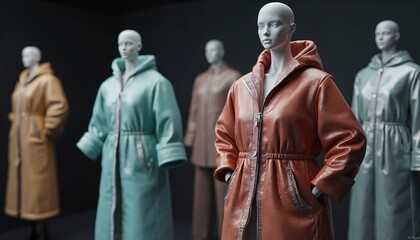 Mannequins display modern coats in various colors. Shiny fabric designs on display, highlighting fashion styles and garment manufacturing innovation for future trends.