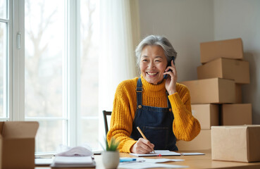 Mature asian woman speaks on phone, writing order details at desk. She works in warehouse near cardboard boxes. Small business owner happy in her job. Logistics and delivery.