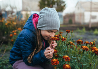 Photo, portrait of a child, teenage girl in a garden, vegetable garden with plants, smelling marigold flowers, outdoors in autumn.