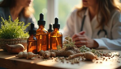 Homeopathic practitioner advises patient on natural herbal remedies, essential oils. Consultation includes discussion of plant based healing for wellness, health improvement. Alternative therapy