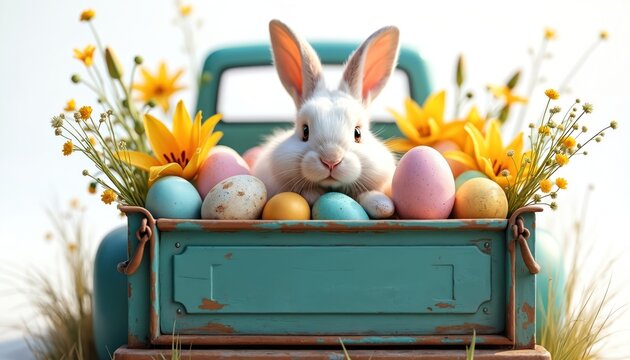 White bunny sits in vintage truck bed with colorful Easter eggs and yellow flowers. Spring celebration vehicle carries festive decorations and treats.