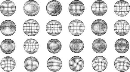 Black and White Line Art of Multiple Globes Representing Global Concepts like Technology, Travel, and Connectivity
