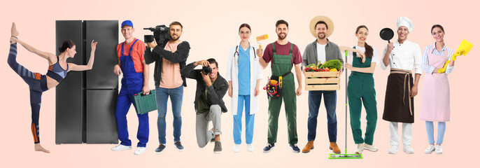 Obraz premium Choosing profession. People of different occupations on beige gradient background