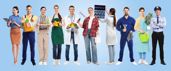 Obraz premium Choosing profession. People of different occupations on blue gradient background