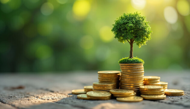 Green tree grows from stack of gold coins. Symbolizes financial growth profit, eco investment, sustainable business, wealth accumulation, and prosperity. Money grows on trees concept.