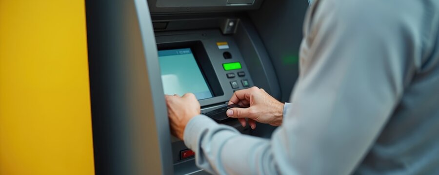 Person uses atm machine, inserts card into slot for withdrawal or deposit. Banking automation provides easy access to cash and account info, transaction receipt is printed.